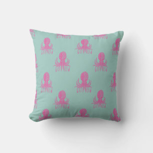 Cute Octopus Illustration Pattern Aqua and Fuchsia Throw Pillow