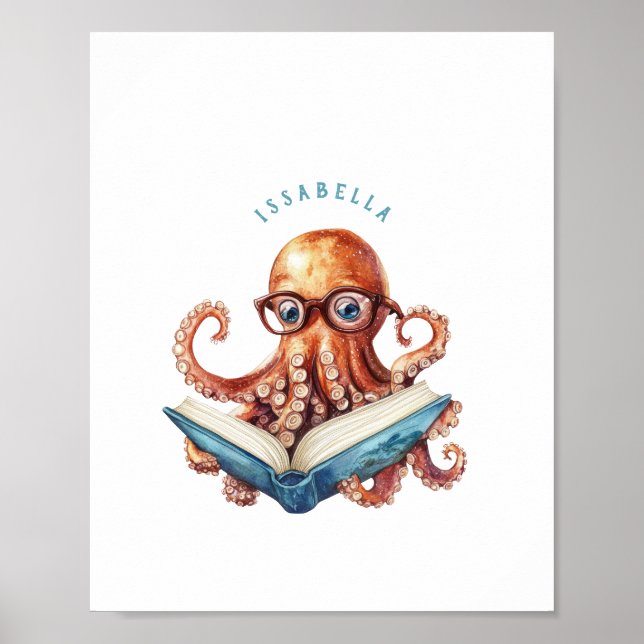 Cute Octopus Reading Poster Print (Front)