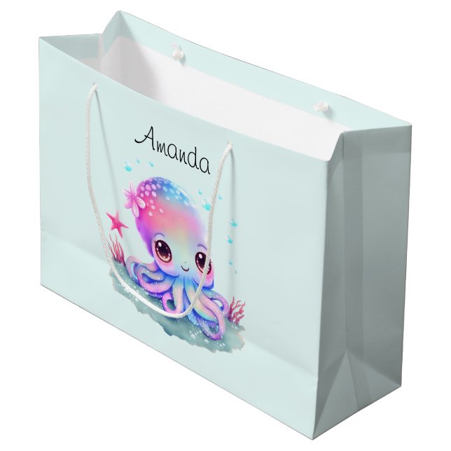 Cute Octopus Sea Creature Birthday Large Gift Bag (Front Angled)
