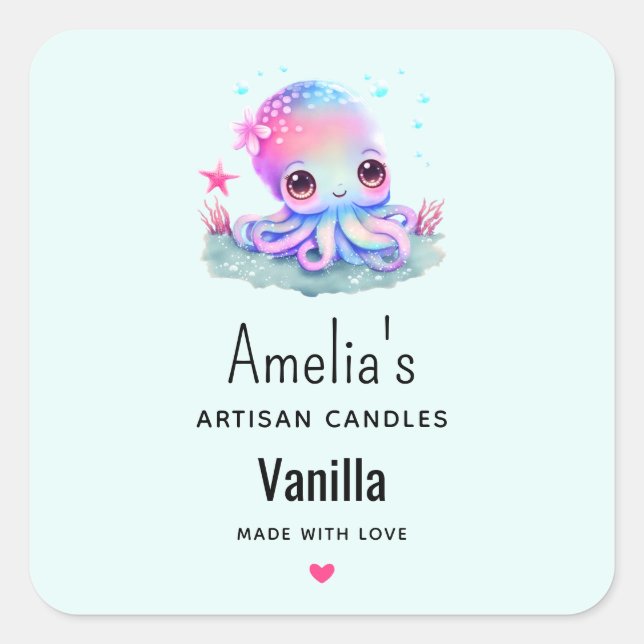 Cute Octopus Sea Creature Candle Business Square Sticker (Front)