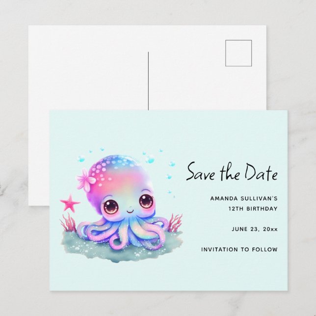 Cute Octopus Sea Creature Save the Date Invitation Postcard (Front/Back)