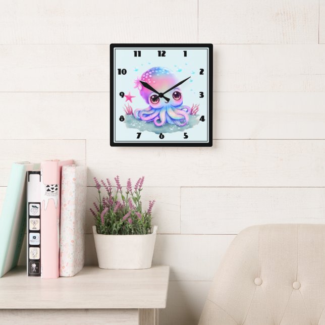 Cute Octopus Sea Creature Square Wall Clock (Reading Room)
