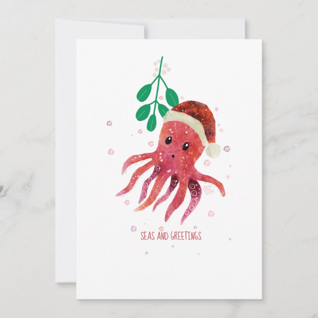 Cute Octopus Seas and Greetings Mistletoe Holiday Card (Front)