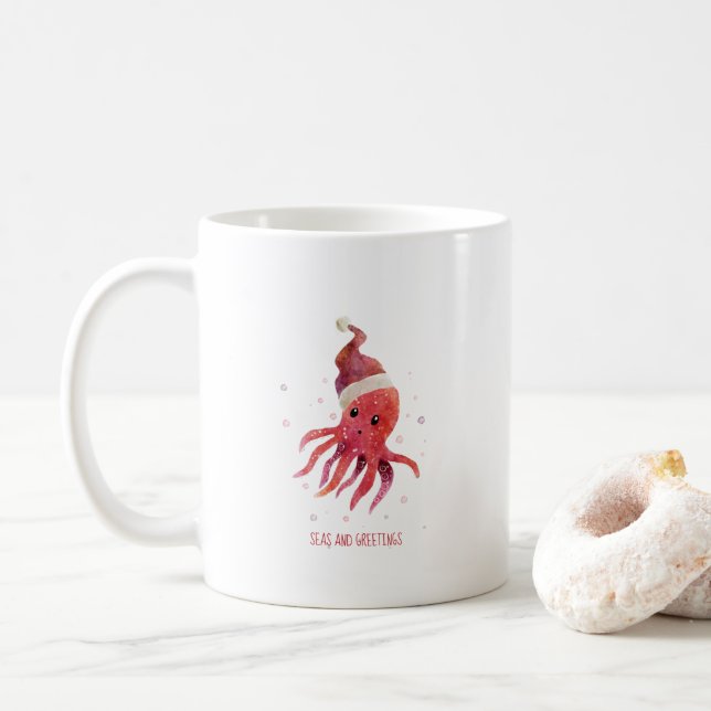 Cute Octopus Seas and Greetings Santa Hat Coffee Mug (With Donut)