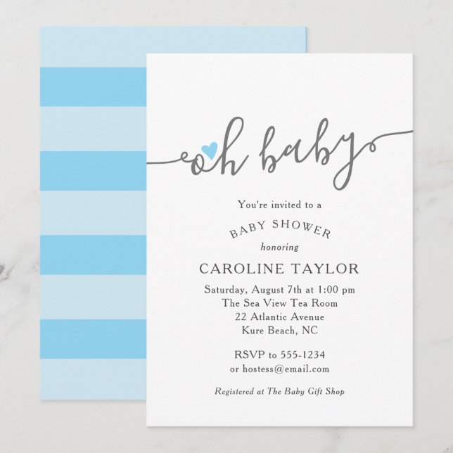 Cute Oh Baby Blue Heart Boy Baby shower Invitation (Devant / Derrière)