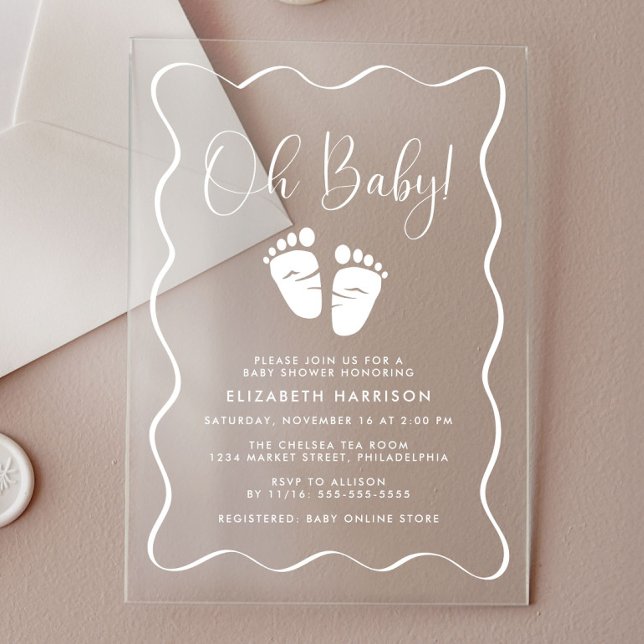 Cute Oh Baby Wavy Frame Baby Shower Acrylic Invitations (Creator Uploaded)