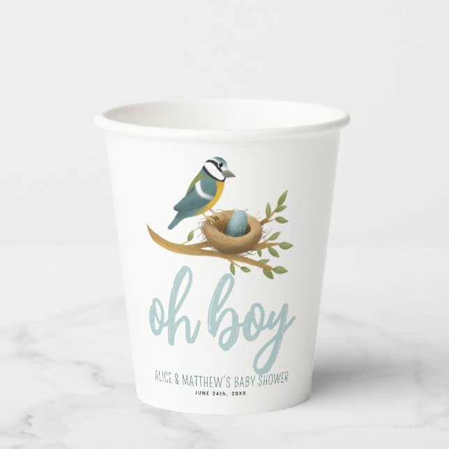 Cute Oh Boy Blue Bird Nest Baby Shower Paper Cups (Front)