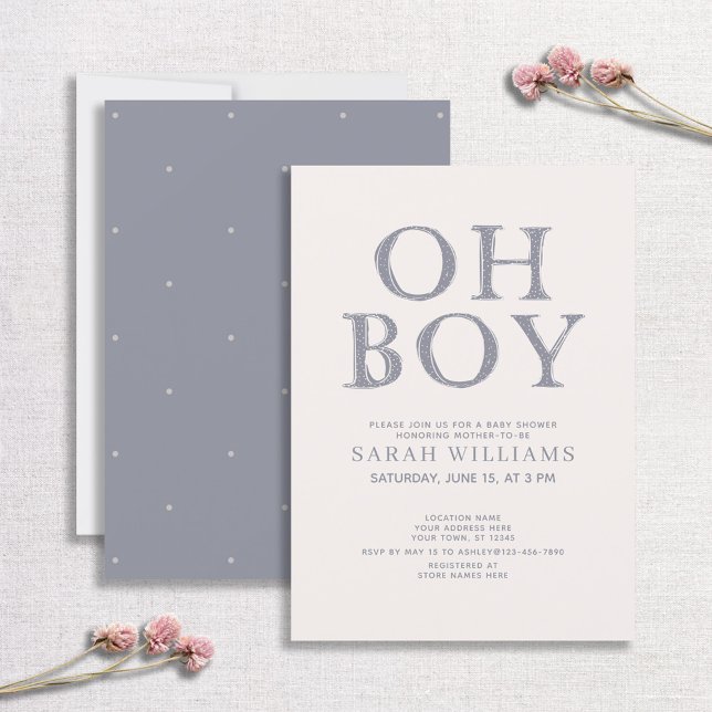 Cute Oh Boy Blue Dots Minimal Baby Shower Invitation (Creator Uploaded)