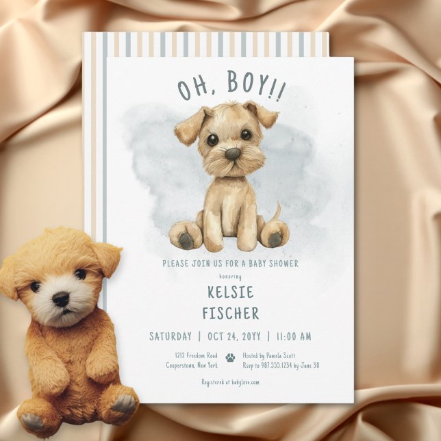 Cute Oh Boy Puppy Blue Baby Shower Invitation (Creator Uploaded)