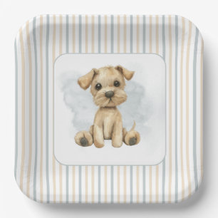 Cute Oh Boy Puppy Blue Baby Shower Paper Plate