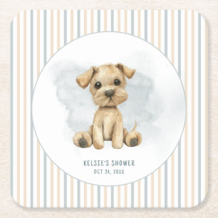 Cute Oh Boy Puppy Blue Baby Shower Square Paper Coaster