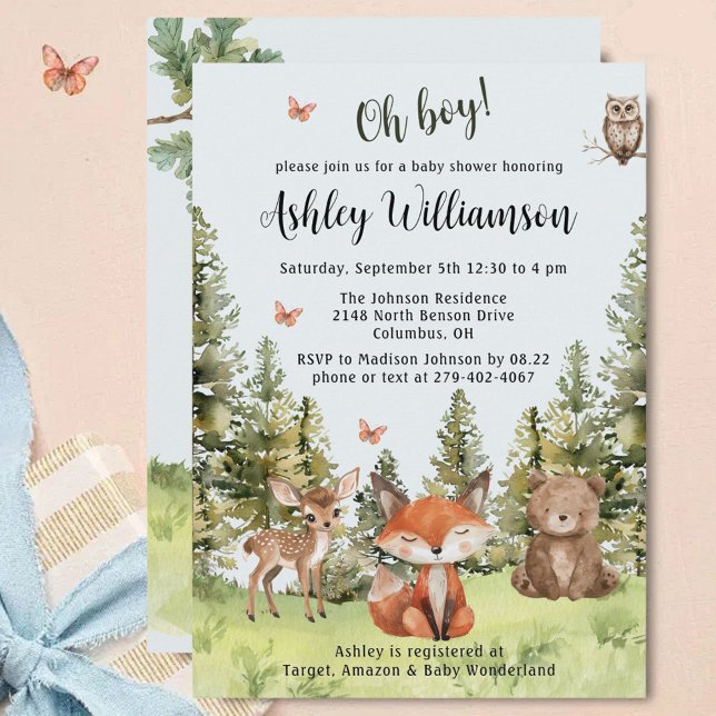 Cute Oh Boy Woodland Animals Greenery Baby Shower  Invitation (Creator Uploaded)