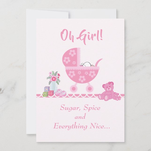 Cute "Oh Girl" Baby Carriage Baby Shower Invitation (Front)