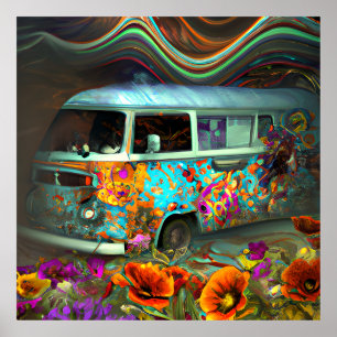 Cute old Combi van blue flowers hippy time Poster