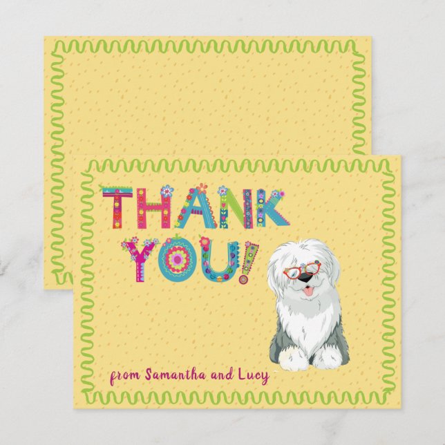 Cute Old English Sheepdog Fun Floral Letters    Thank You Card (Front/Back)