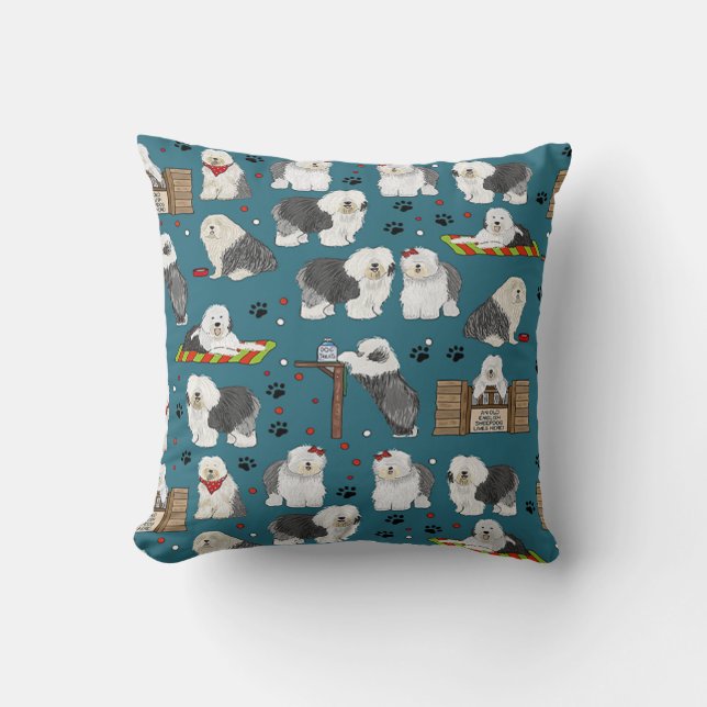 Cute Old English Sheepdog Pattern, Dog Lover Gift Throw Pillow (Front)