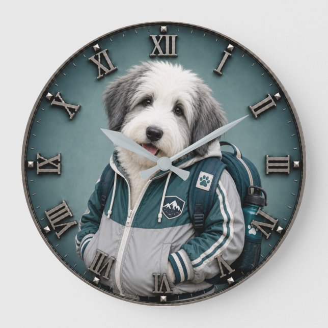 Cute Old English Sheepdog Puppy Large Clock (Front)