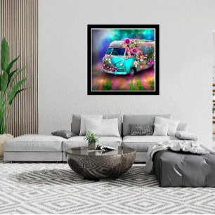 Cute old rusty Combi van flowers lake 1970s hippy  Poster