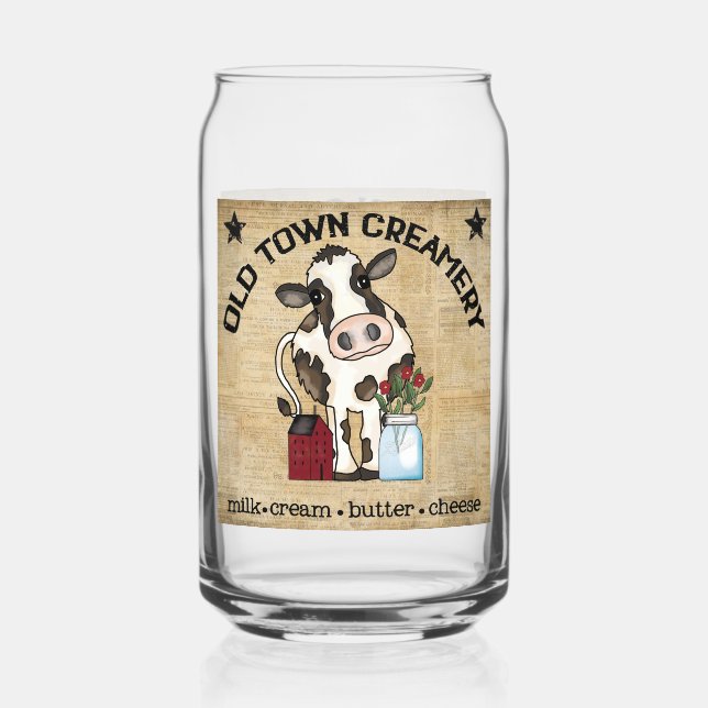 Cute old town creamery cow farmhouse can glass (Front)
