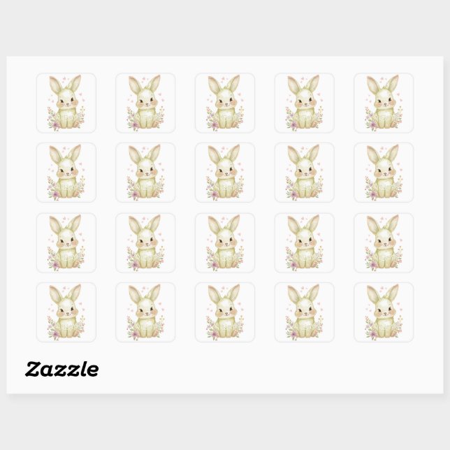 Cute Olive Green Bunny Party Theme Pastel Floral Square Sticker (Sheet)