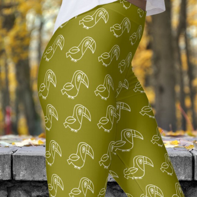 Cute Olive Green Toucan Bird Pattern Leggings (Tocan Bird on Olive)