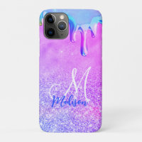 Cute ombre purple pink glitter unicorn monogram no