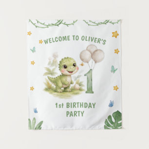 Cute One-A-Saurus Dinosaur 1st Birthday Banner Tapestry