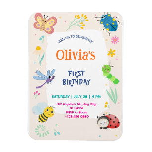 Cute One Bug & Butterflies 1st Birthday Invitation Magnet