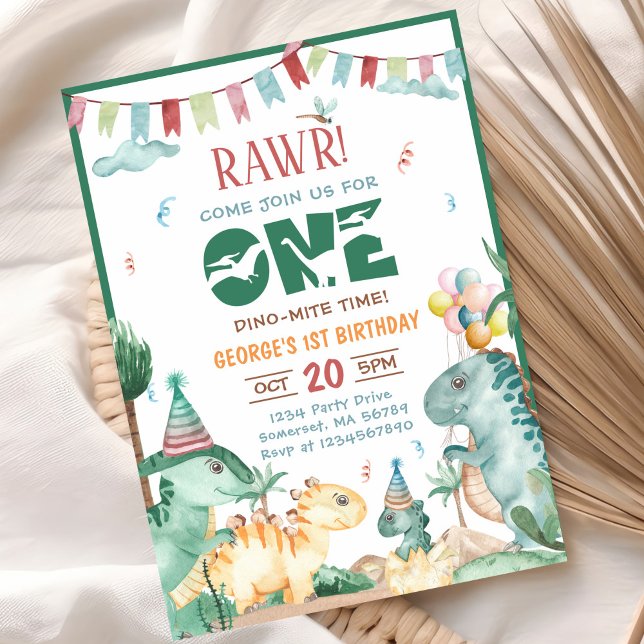 Cute One Dino Mite Dinosaur 1st Birthday  Invitation (Creator Uploaded)