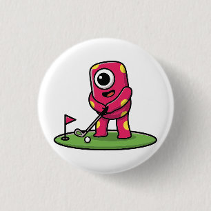 Cute One-Eyed Pink Monster Playing Golf Cartoon 1 Inch Round Button