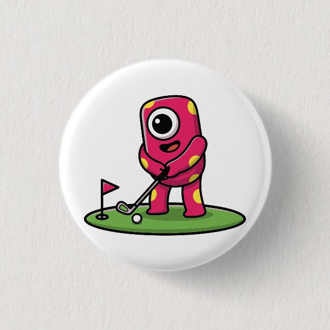 Cute One-Eyed Pink Monster Playing Golf Cartoon 1 Inch Round Button (Front)