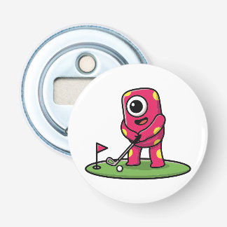 Cute One-Eyed Pink Monster Playing Golf Cartoon Bottle Opener