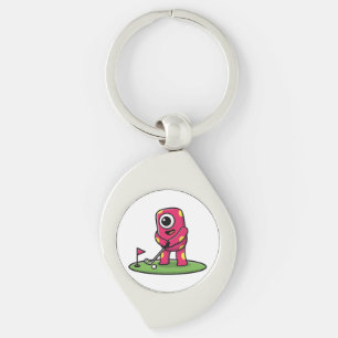 Cute One-Eyed Pink Monster Playing Golf Cartoon Keychain