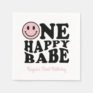 Cute One Happy Babe Retro Happy Face 1st Birthday Napkin