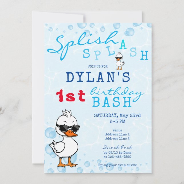 Cute One Lucky Rubber Duck Blue 1st Birthday Bash Invitation (Front)