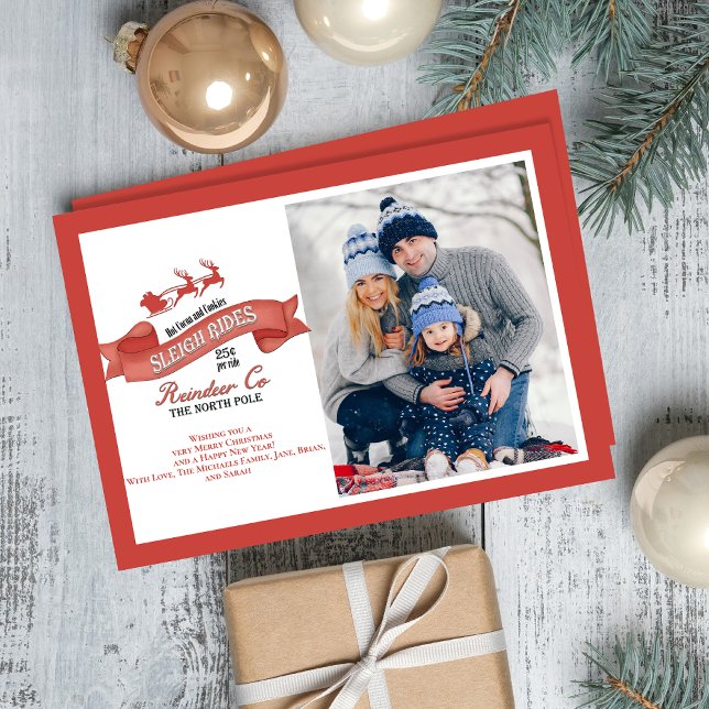 Cute One Photo Sleigh Rides Christmas Holiday Card (Whimsical Santa Sleigh rides typography sign. )