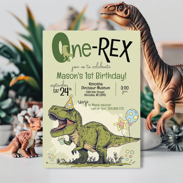 Cute One-Rex Dinosaur Cartoon 1st Birthday Party Invitation (Cute modern cartoon T-Rex Dinosaur One-Rex, boy 1st birthday party printable invitation, green TRex)