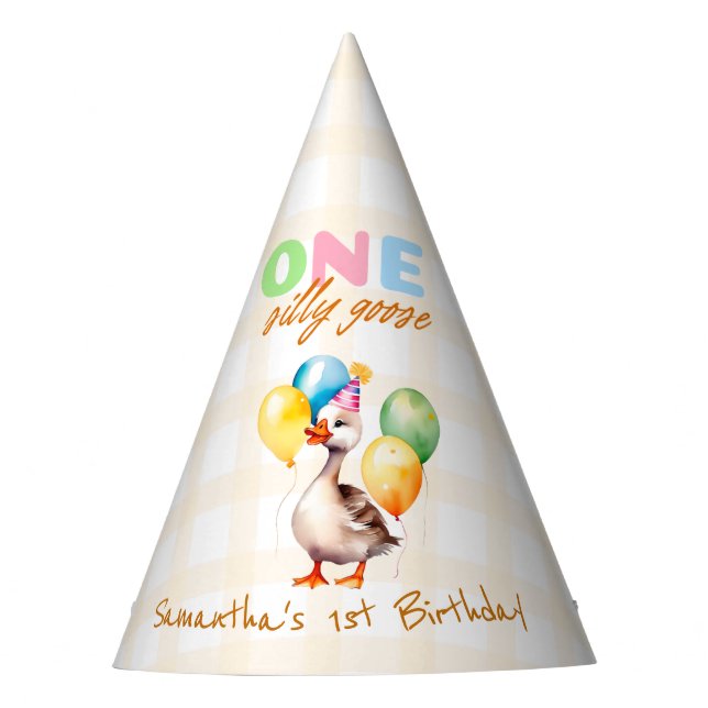 Cute One Silly Goose Gingham 1st Birthday Party Hat (Front)