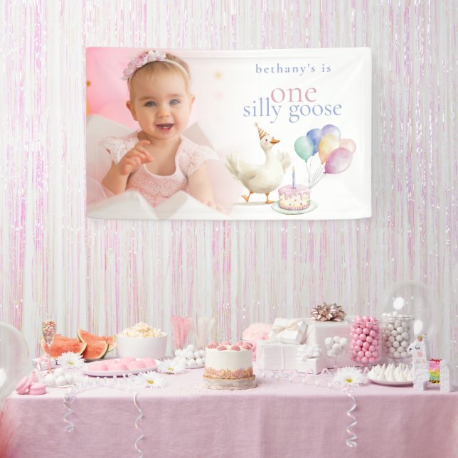 Cute One Silly Goose Photo Overlay 1st Birthday  Banner (Party)