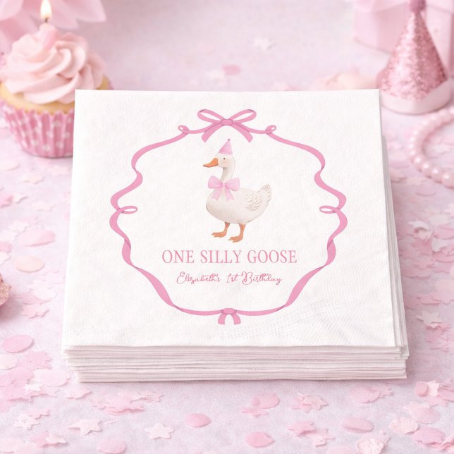 Cute One Silly Goose Pink Bow First Birthday Napkin (Cute One Silly Goose Pink Bow First Birthday Napkins)