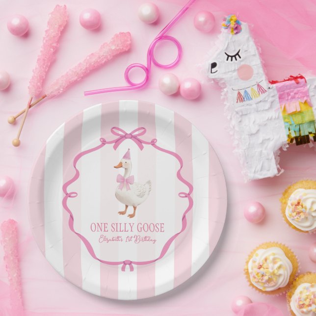 Cute One Silly Goose Pink Bow First Birthday Paper Plate (Party)