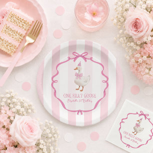Cute One Silly Goose Pink Bow First Birthday Paper Plate