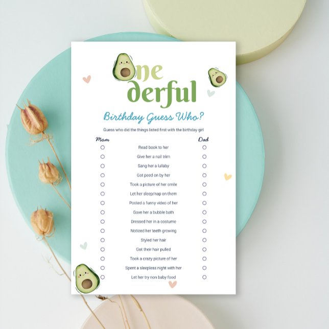 Cute Onederful Avocado 1st Birthday Game Card (Cute Onederful Avocado 1st Birthday Game Card)