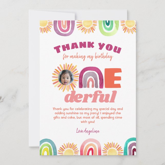 Cute ONEderful Rainbow First Birthday Thank You Card (Front)