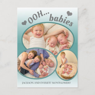 Cute Ooh Babies Twin Photo Teal Birth Announcement Postcard