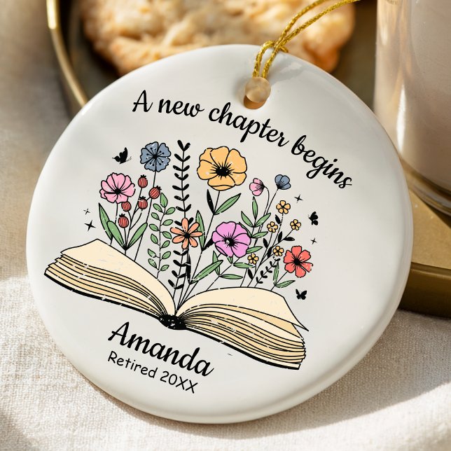 Cute open book flowers coworker retirement custom ceramic ornament (Creator Uploaded)