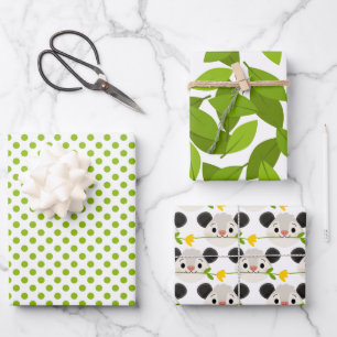 Cute Opossum Faces, Green Leaves & Circles Pattern Wrapping Paper Sheet