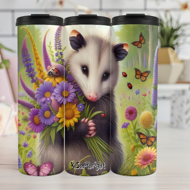 Cute Opossum Holding Flowers Thermal Tumbler (Creator Uploaded)