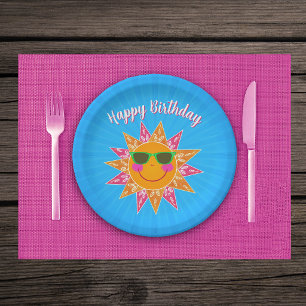 Cute Orange Abstract Sun With Face Glasses on Blue Paper Plate