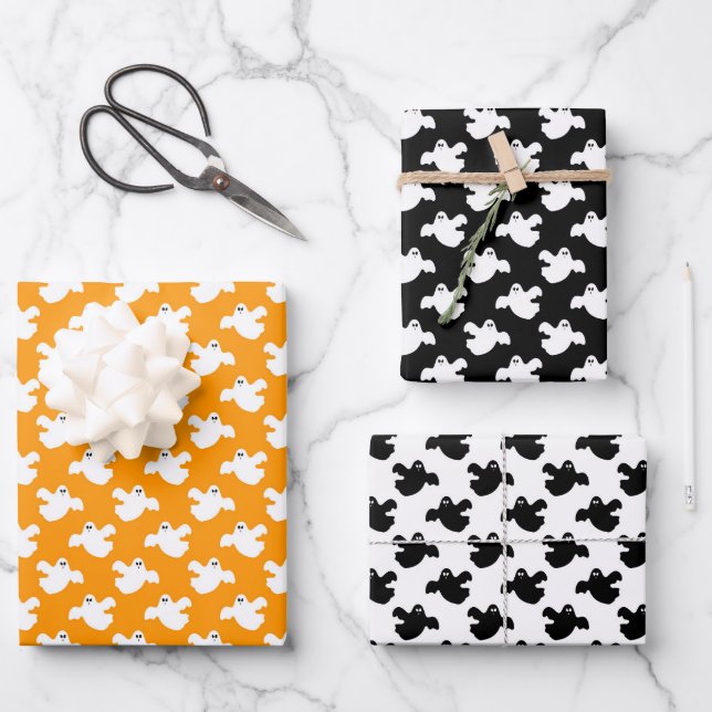 Cute Orange And Black Ghost Wrapping Paper Sheet (Front)